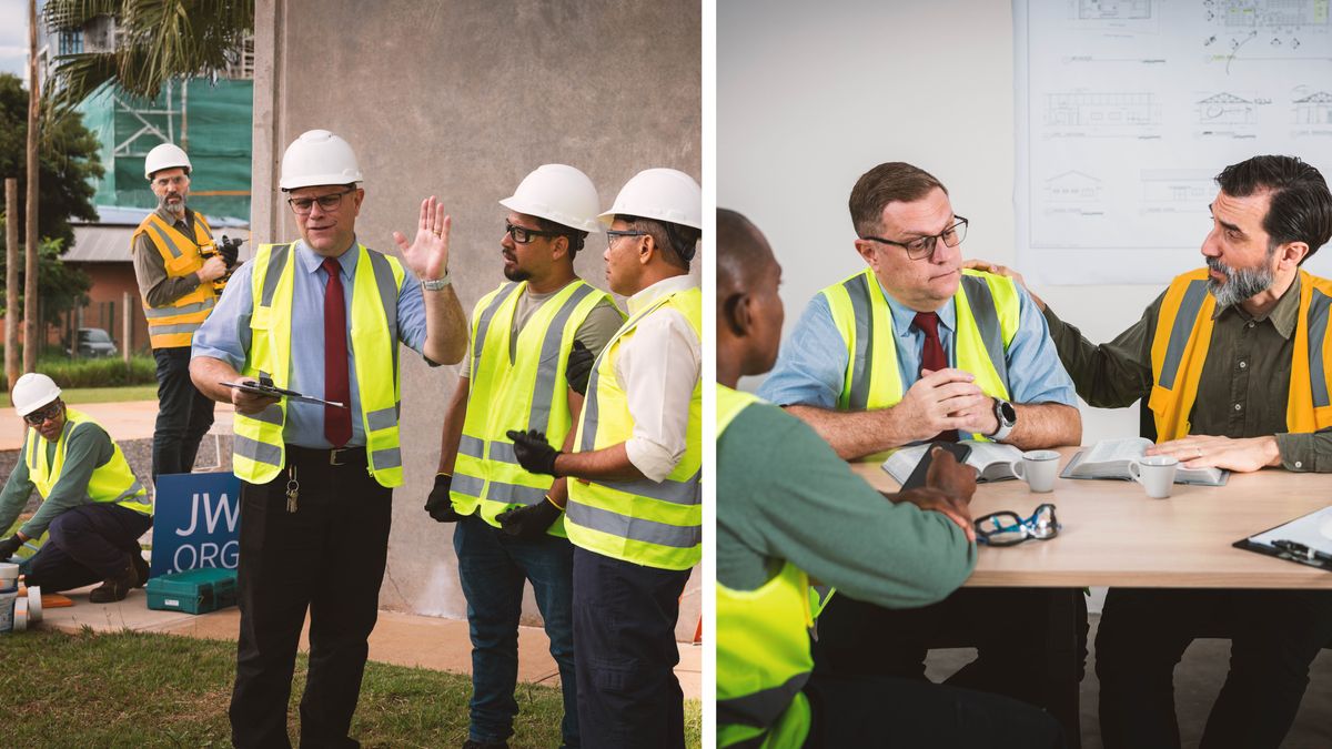 Ensemble d’illustrations : Sur un chantier de construction théocratique, un responsable d’équipe reçoit des conseils appropriés. Chaque scène est reprise ensuite.