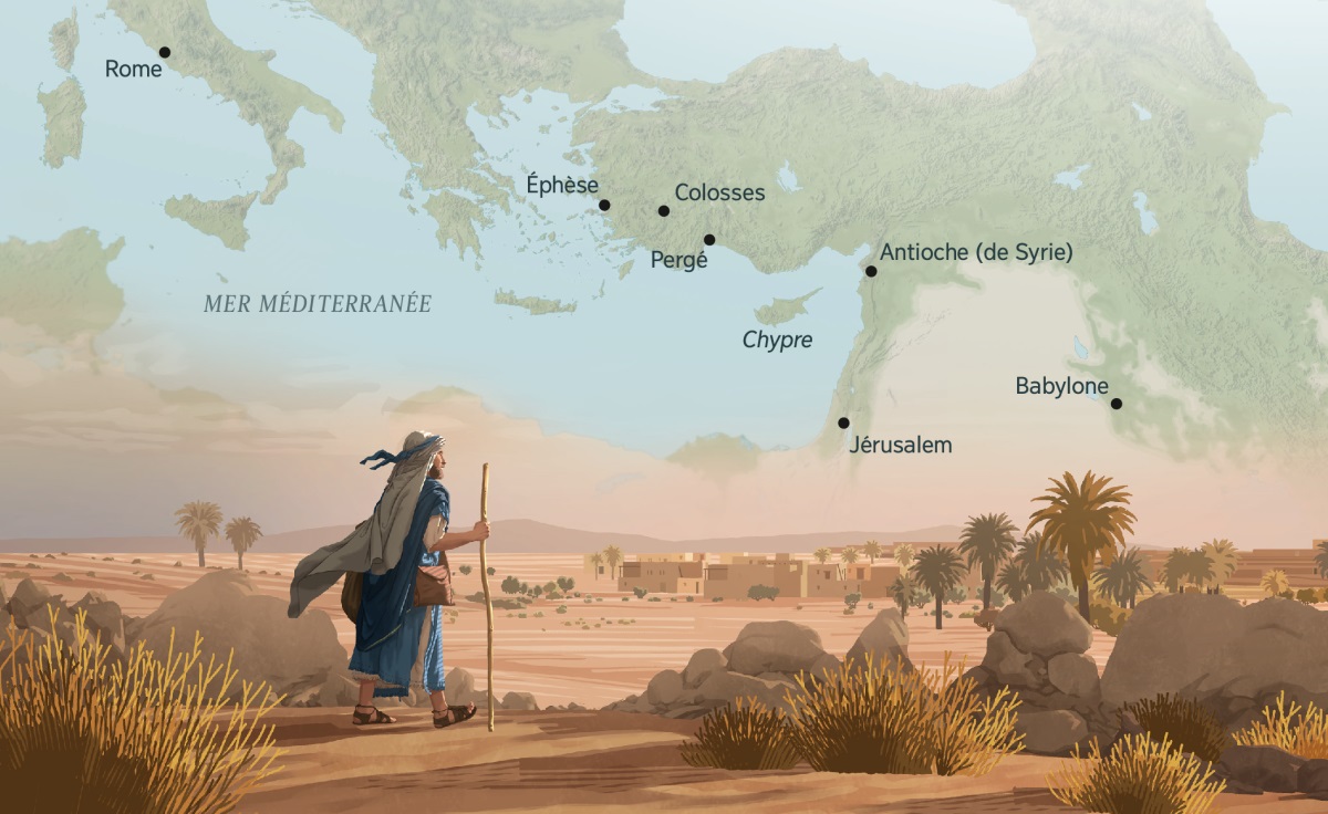 Mark walking through a vast desert toward a city in the distance. A map in the background depicts some of the cities he may have visited: 1. Rome. 2. Éphèse. 3. Colosses. 4. Pergé. 5. Chypre. 6. Antioche (de Syrie). 7. Jérusalem. 8. Babylone.