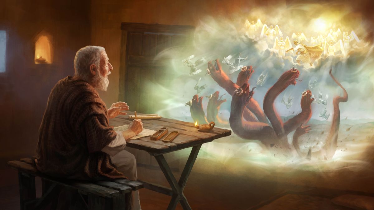 L’apôtre Jean met par écrit la révélation qu’il reçoit de Jésus. Dans une vision, il voit Jésus glorifié en train de jeter sur la terre le grand dragon couleur de feu et les démons.