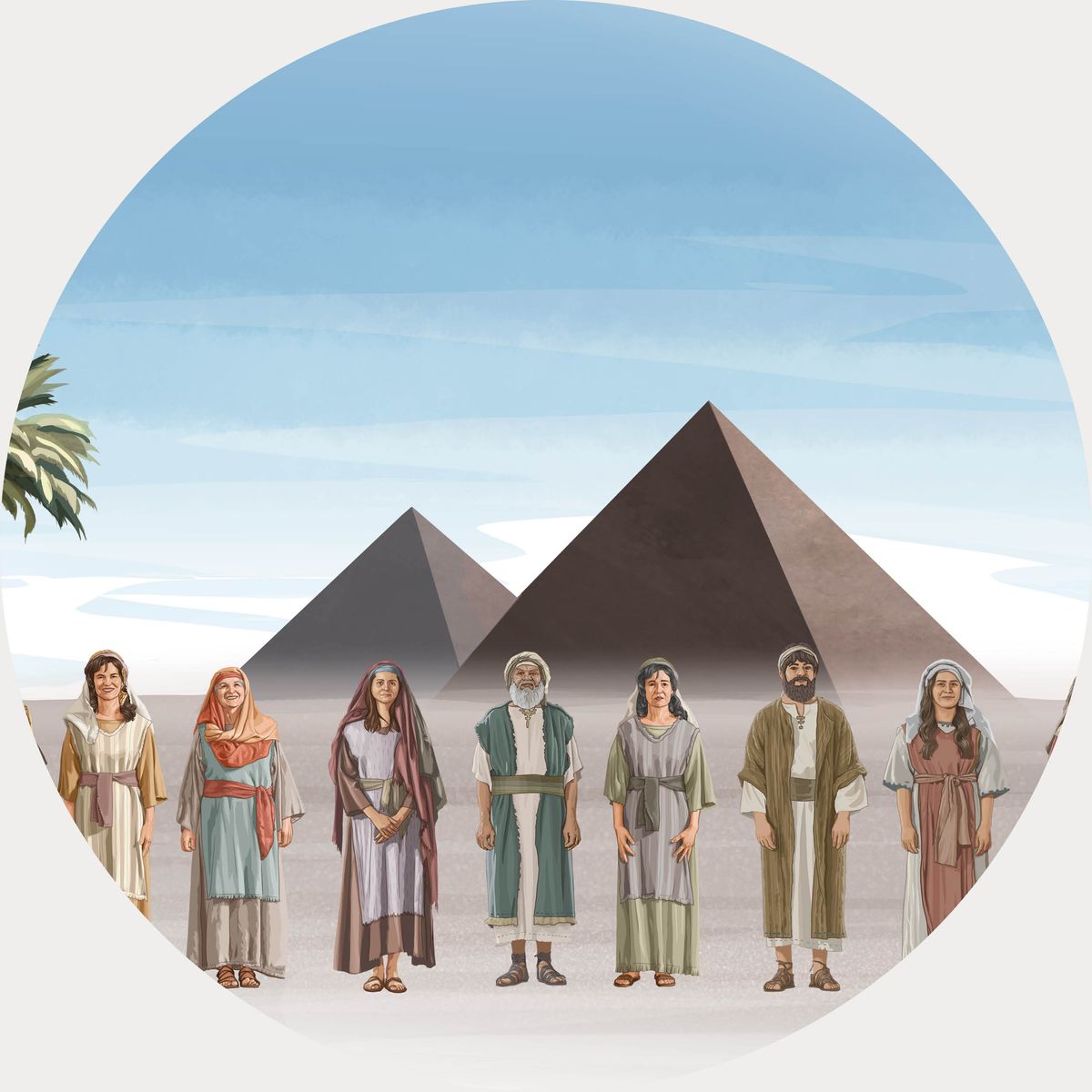 Jacob et sa famille. Au loin, on voit des pyramides égyptiennes.