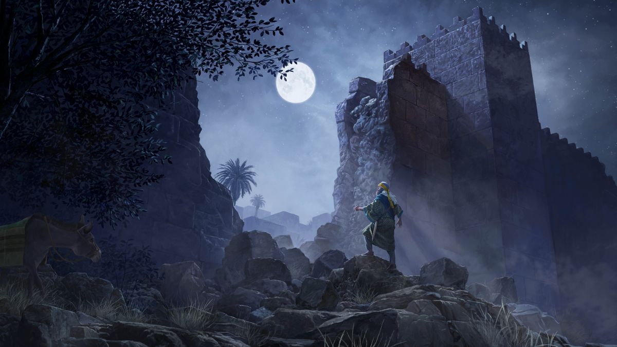 De nuit, Néhémie inspecte les ruines de la muraille de Jérusalem.