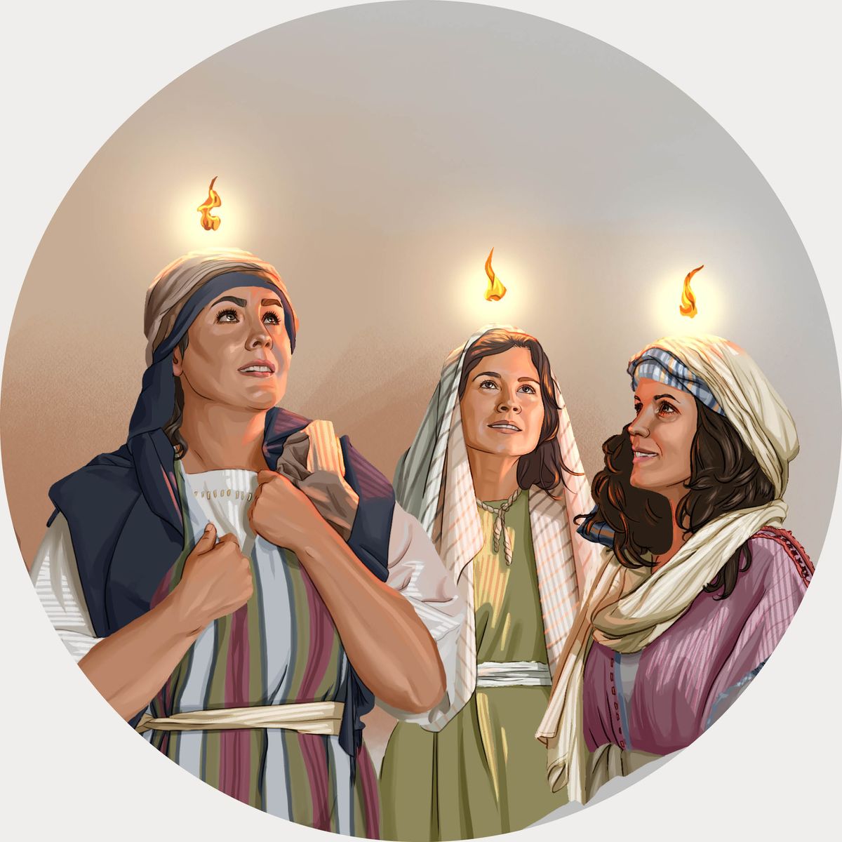 Trois chrétiennes du 1er siècle avec des langues de feu au-dessus de la tête.
