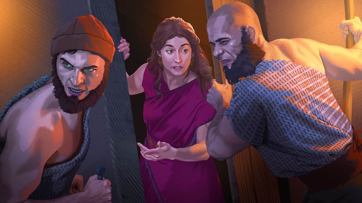 Rahab parle à deux hommes du roi.