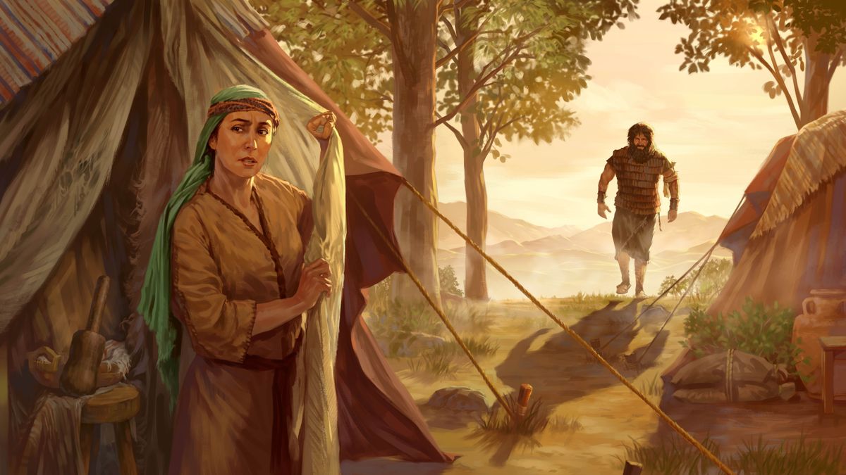 Jael est debout à l’entrée de sa tente tandis que Sissera avance vers elle. À l’intérieur de la tente, on voit un maillet en bois.