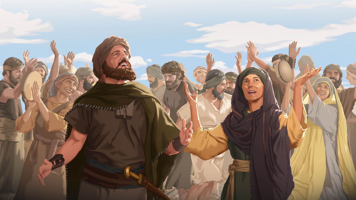 Déborah et Barak chantent leur chant de victoire. D’autres Israélites dansent et jouent du tambourin.