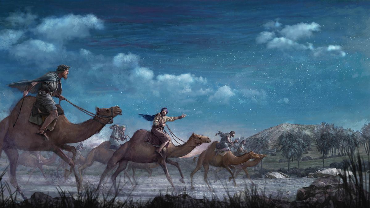 De nuit, éclairés par la lune, Abraham et ses hommes galopent à dos de chameaux.