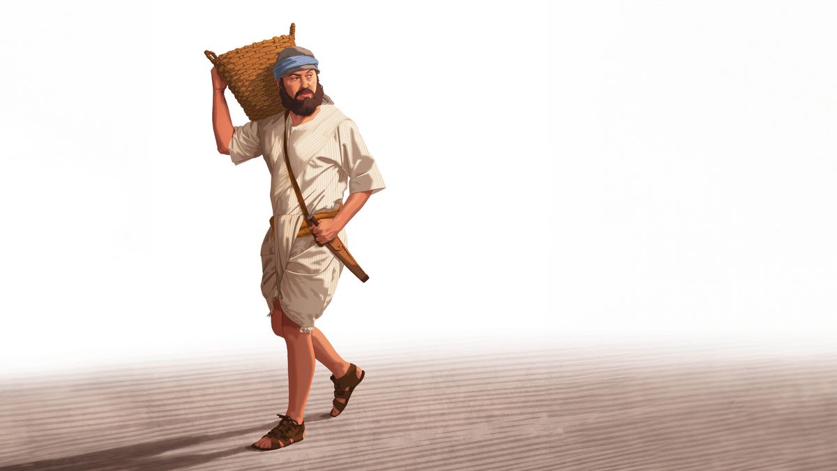 Un bâtisseur porte d’une main un panier sur l’épaule et de l’autre main agrippe une épée attachée à sa ceinture.
