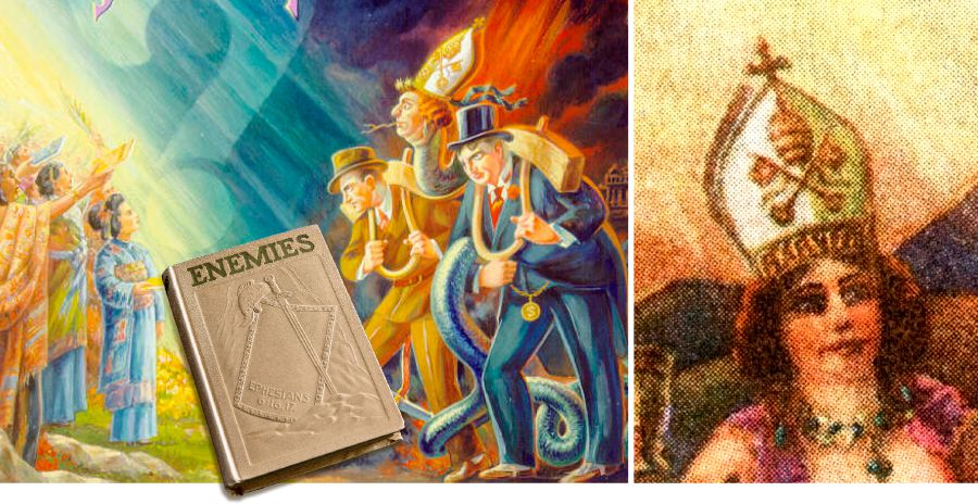 Caricatures du serpent et de la prostituée, portant tous deux le chapeau papal