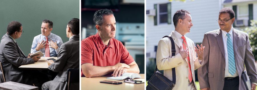 Un frère discute avec deux anciens, médite sur ce qu’il lit dans la Bible et va prêcher