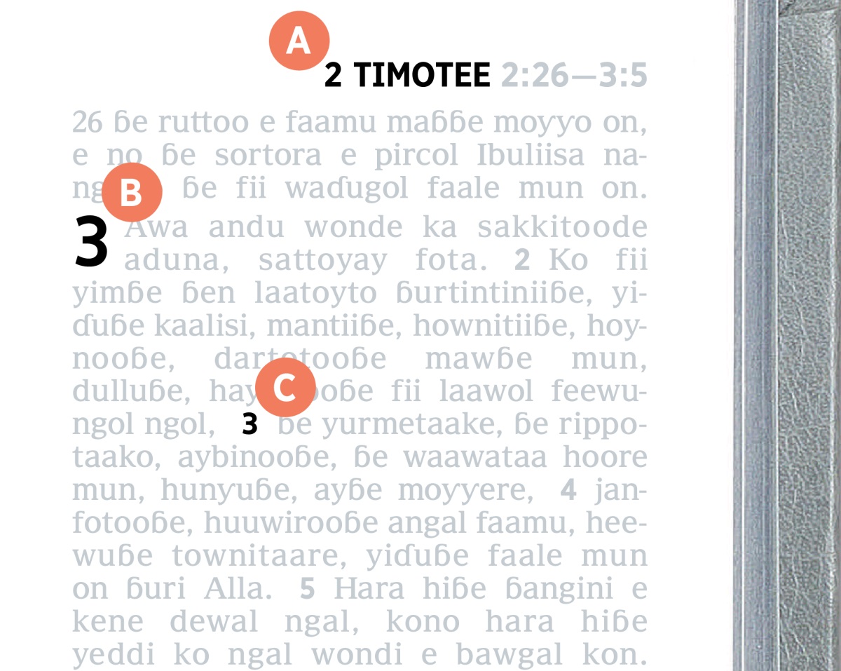Piiji hollayɗi A, B, e C e senngo-ɗerol ka nder Deftere Alla.