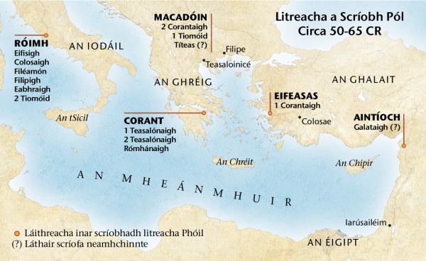 Mapa d’áiteanna inar scríobh Pól litreacha