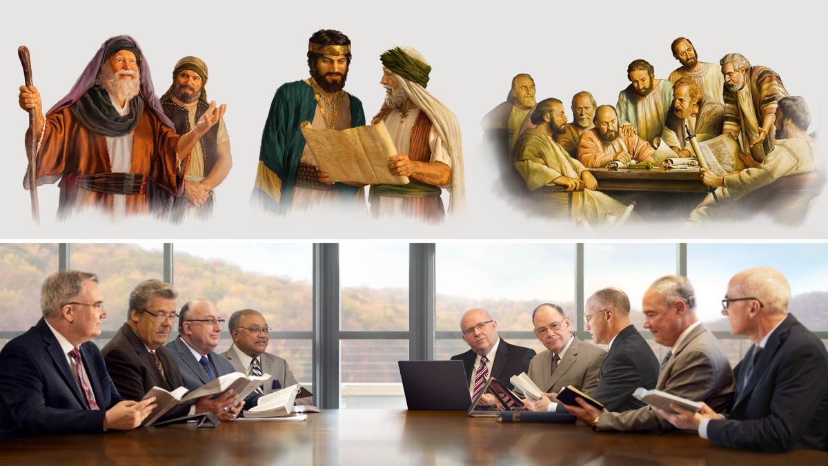 [Pictures on pages 22-23]Collage: 1. Joshua listens respectfully while Moses speaks. 2. King Hezekiah listens respectfully while the prophet Isaiah discusses a scroll. 3. The apostles and the older men in Jerusalem meet together. 4. A meeting of the Governing Body today.