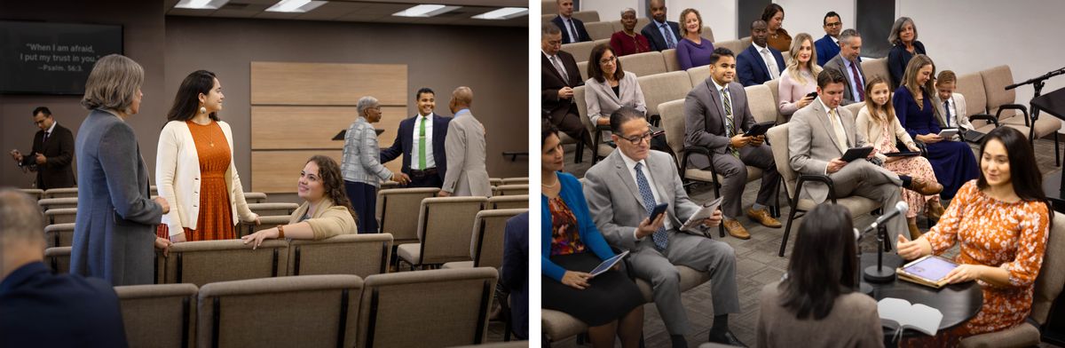 Collage: The single sister and brother pictured earlier discreetly observing each other at congregation meetings. 1. The sister observes how the brother interacts with an older couple. 2. The brother observes the sister giving a student assignment at the midweek meeting.