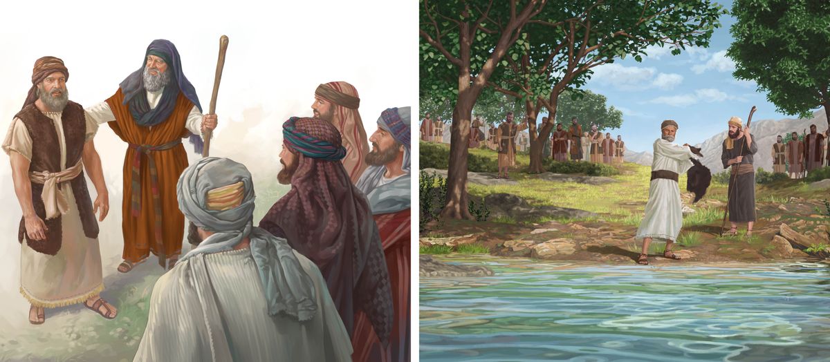 Collage: 1. Moses commissions Joshua before a group of Israelite men. 2. Elisha watches as Elijah gets ready to strike the Jordan River with a garment. Other prophets stand nearby.