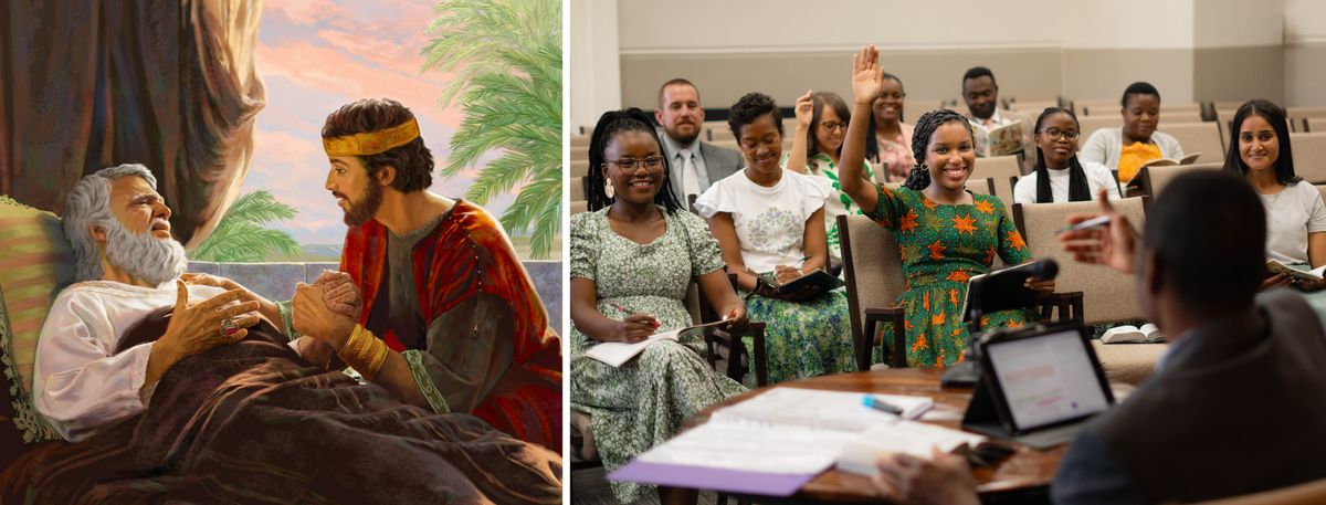 Collage: 1. David on his deathbed talks to King Solomon, who holds his hand. 2. Brothers and sisters attend a Pioneer Service School. A sister raises her hand to comment.