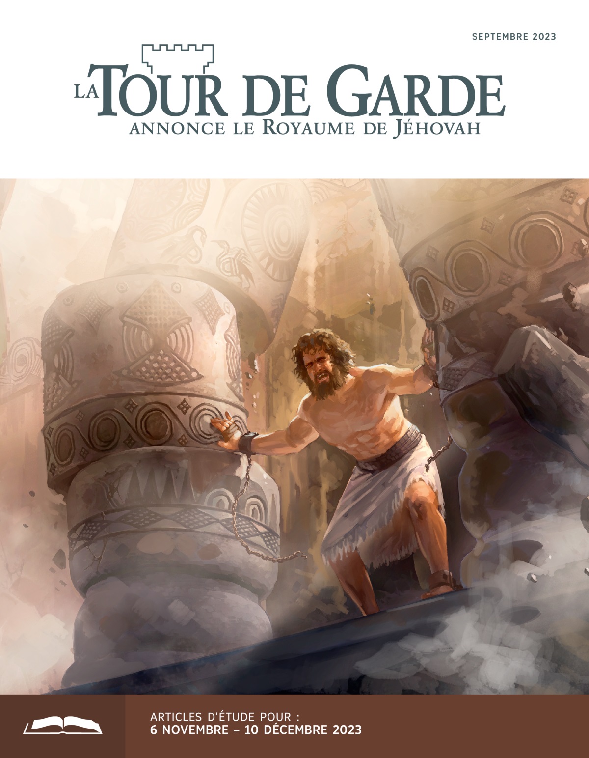 Samson a une main posée sur une colonne, l’autre sur une autre ; il pousse de toutes ses forces et fait s’effondrer le bâtiment.