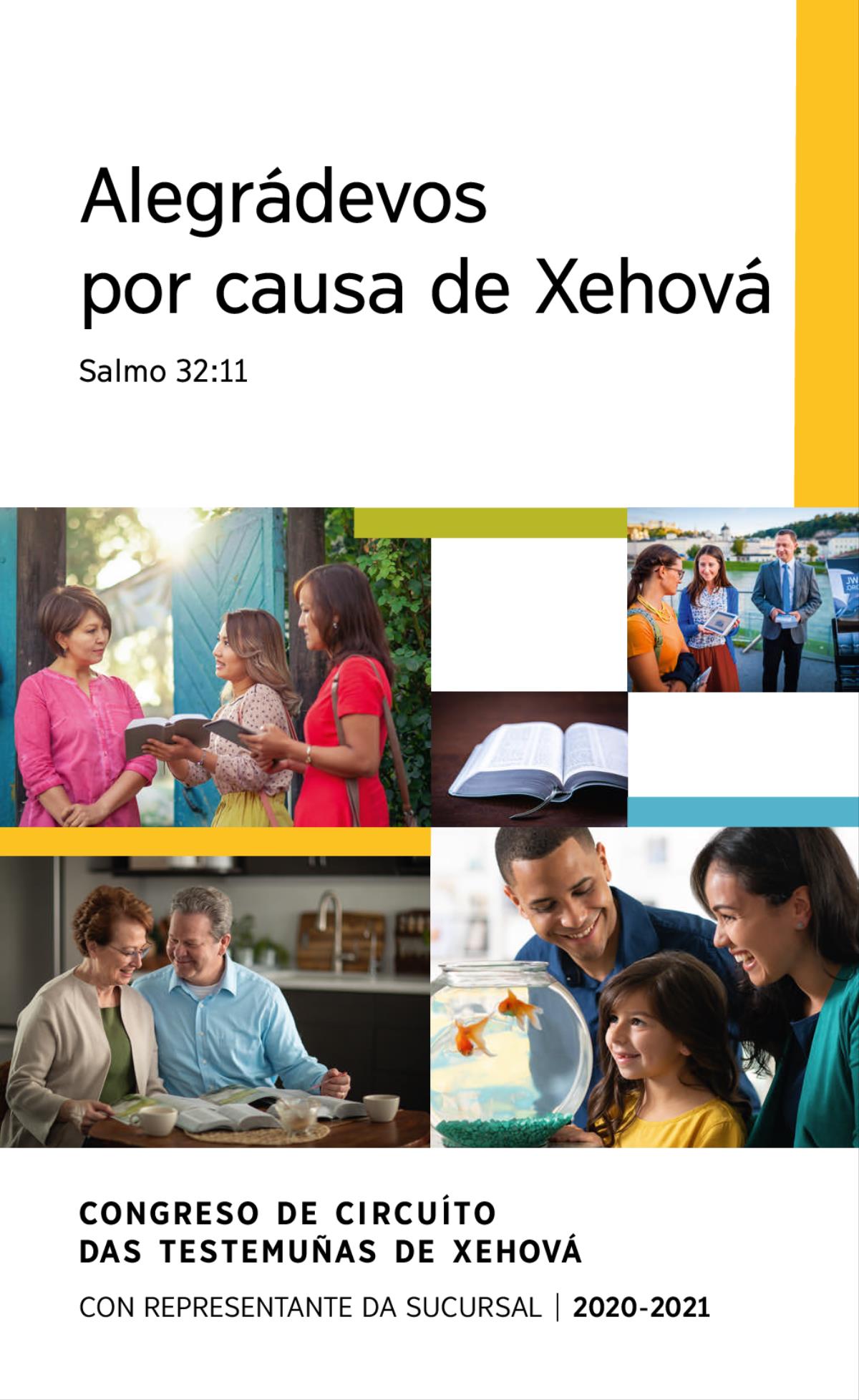 Imaxes: 1. Unha familia feliz ollando para uns peixes de cores que están nunha peixeira. 2. Dúas testemuñas de Xehová falando da Biblia cunha muller na súa casa. 3. Unha parella estudando a Biblia coa axuda de publicacións bíblicas. 4. Unha Biblia aberta. 5. Unha parella na rúa amosándolle un vídeo baseado na Biblia a unha muller.