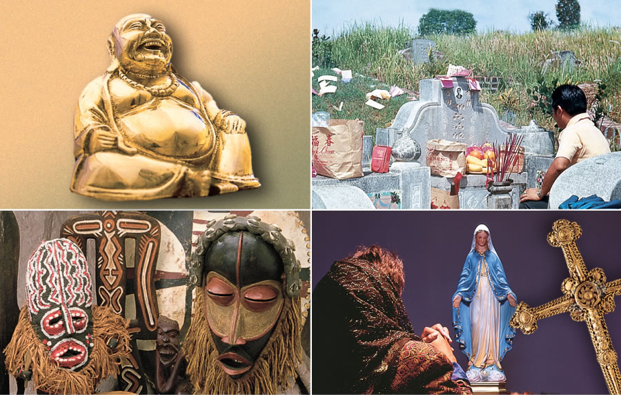 Varios tipos de imaxes e formas de culto ós antepasados arredor do mundo