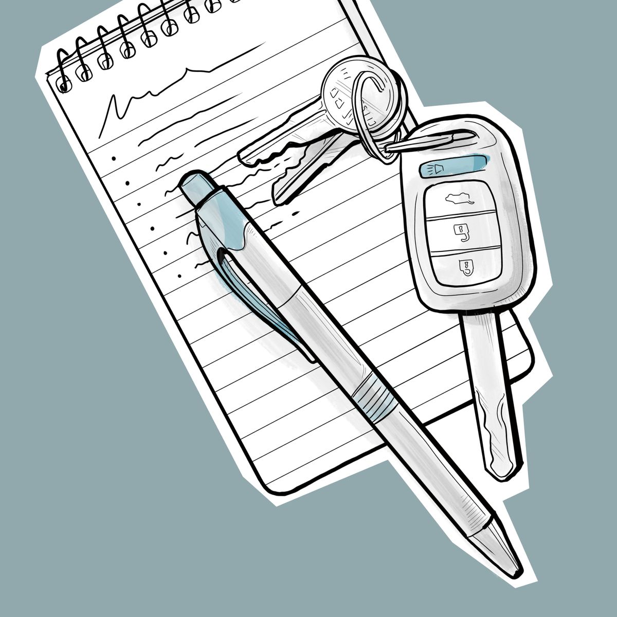 Unha libreta, un bolígrafo e as chaves dun coche.