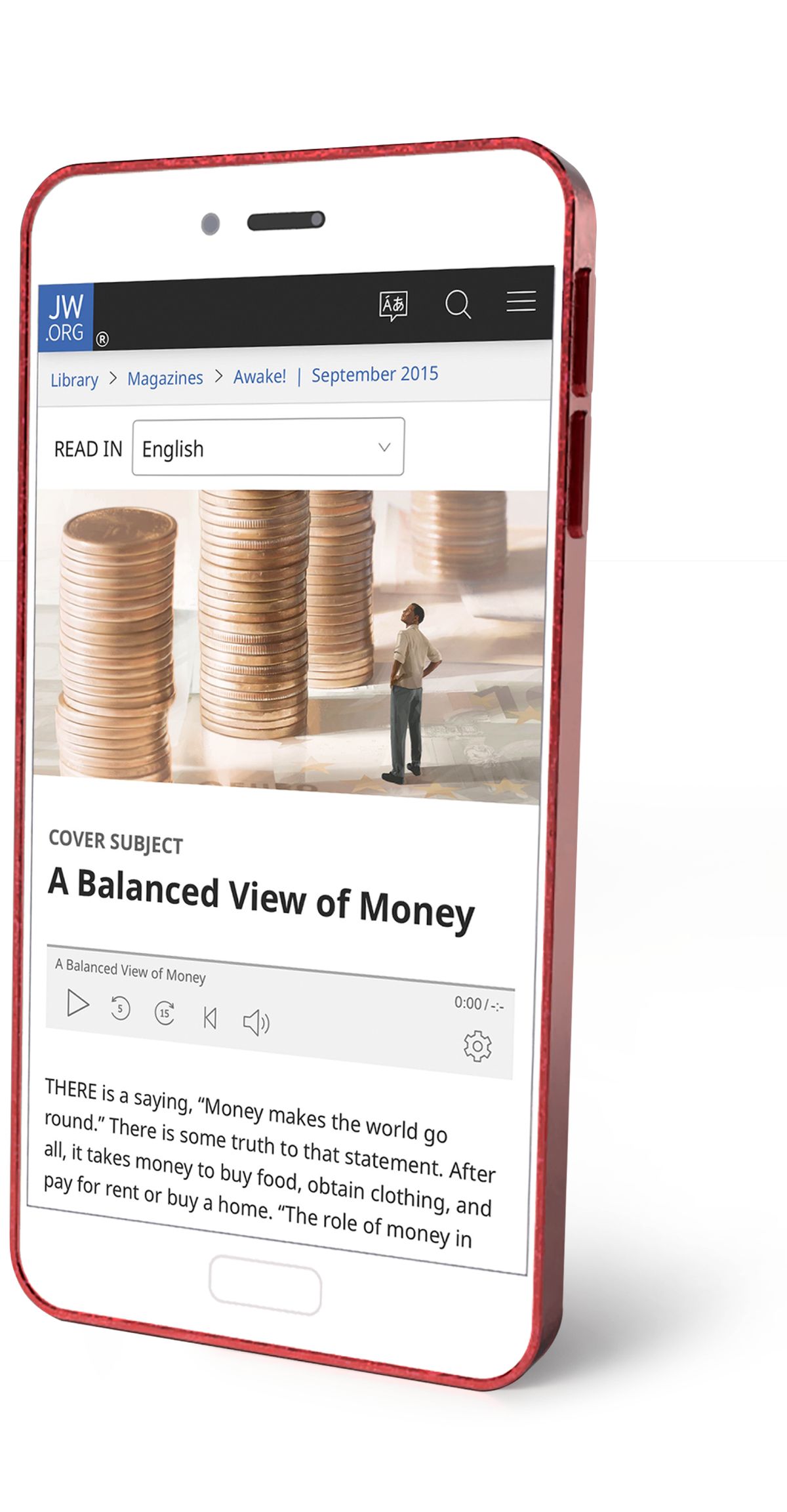 Un teléfono onde se ve o artigo “Una opinión realista del dinero” de jw.org.