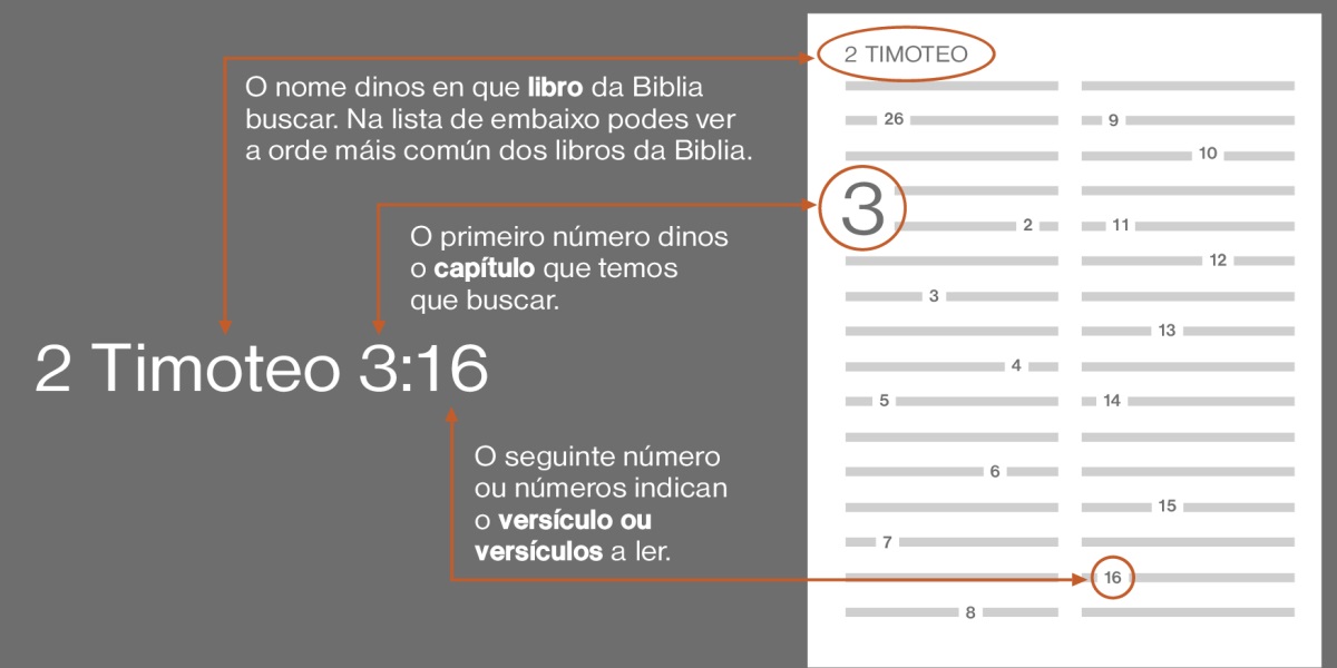 Como atopar versículos na Biblia usando 2 Timoteo 3:16 como exemplo. O nome dinos en que libro da Biblia buscar, neste caso 2 Timoteo (na lista de embaixo podes ver a orde máis común dos libros da Biblia). O primeiro número dinos o capítulo que temos que buscar. Neste exemplo, o capítulo 3. O seguinte número ou números indican o versículo a ler, neste caso, o versículo 16.