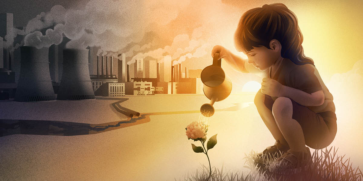 Unha rapaciña regando unha flor. Ó fondo, vense fábricas contaminando o medio ambiente.