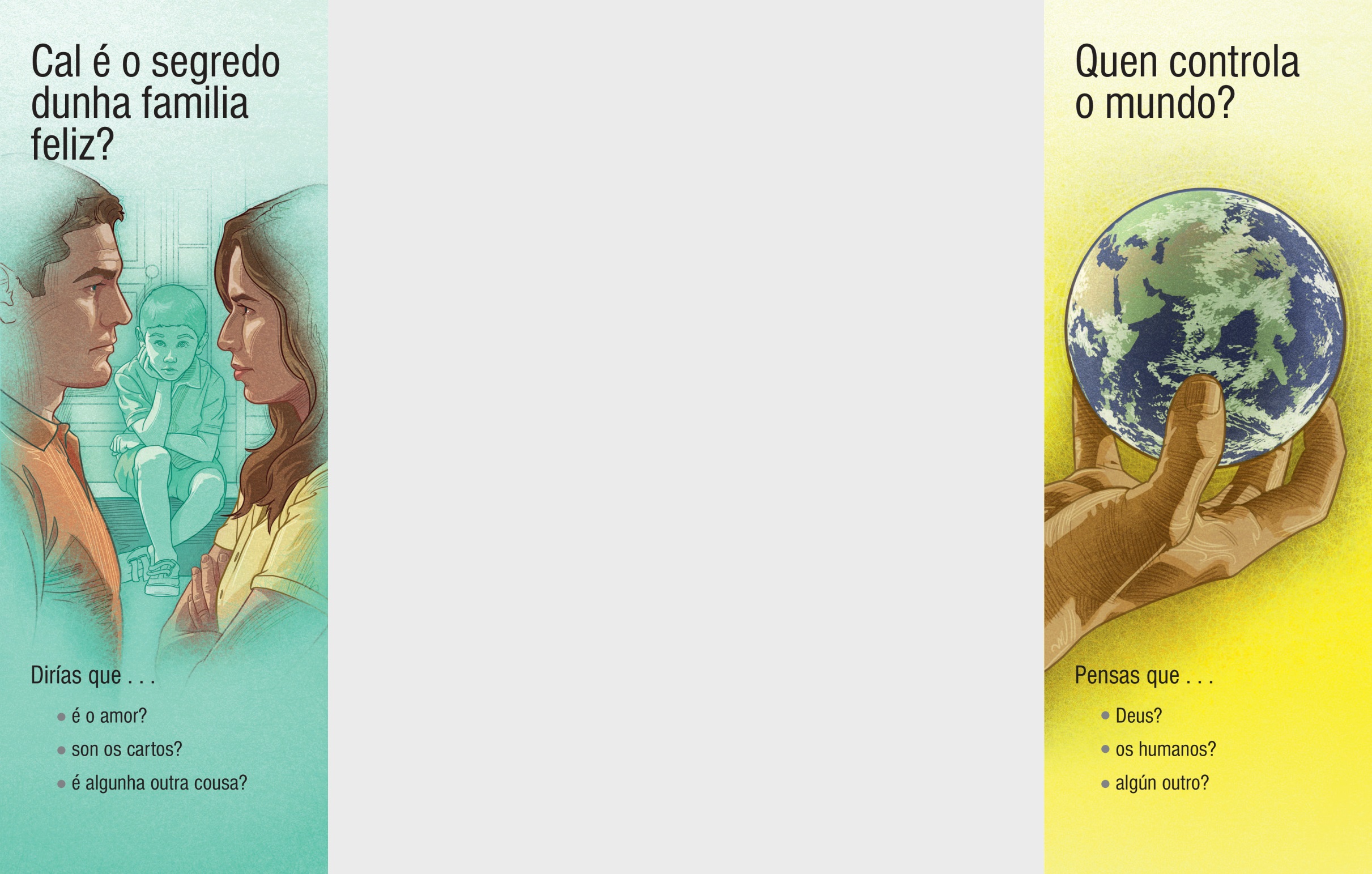 Colaxe: Temas de portada das folliñas. 1. “Cal é o segredo dunha familia feliz?”. 2. “Quen controla o mundo?”.