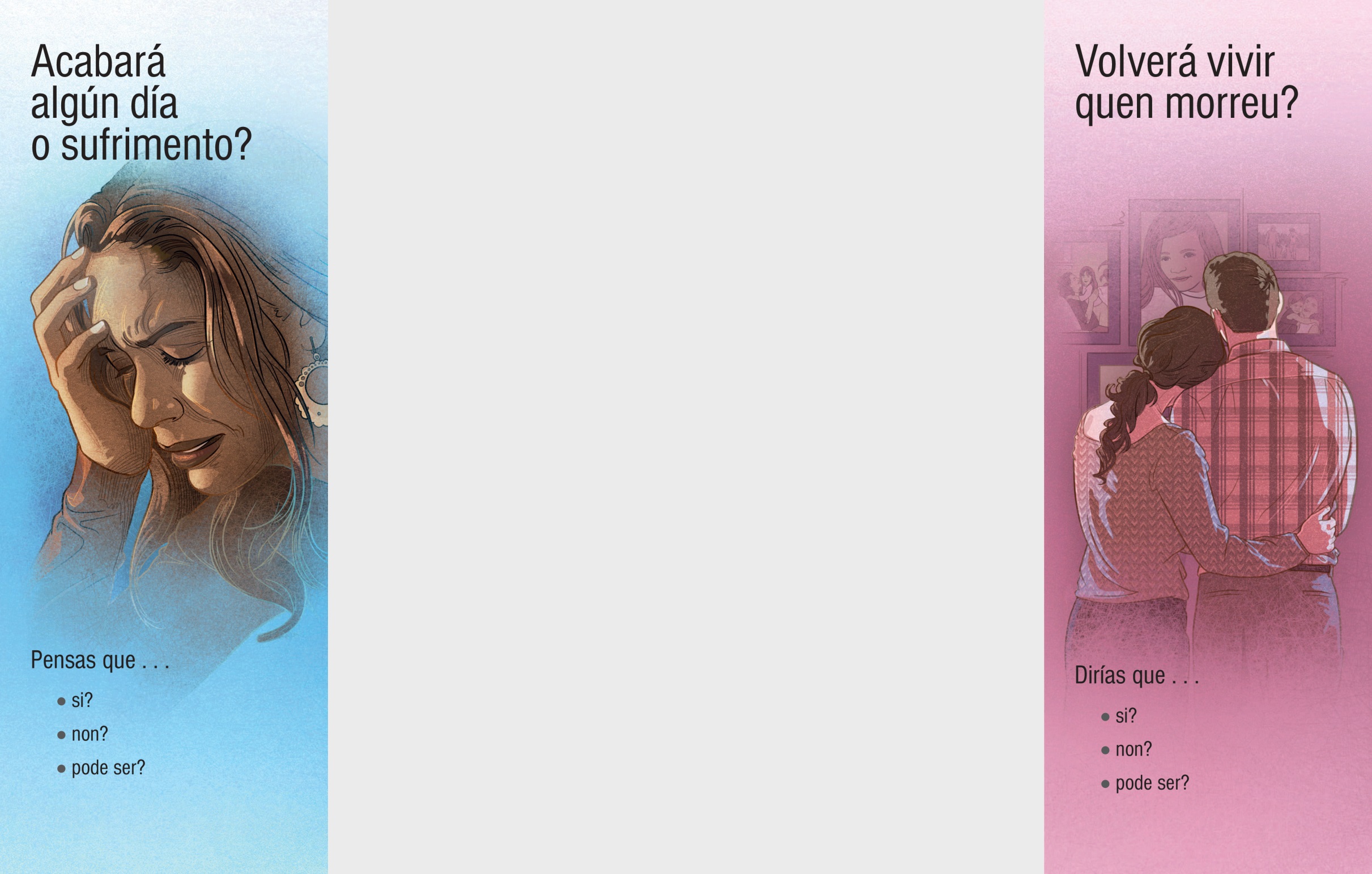 Colaxe: Temas de portada das folliñas. 1. “Acabará algún día o sufrimento?”. 2. “Volverá vivir quen morreu?”.