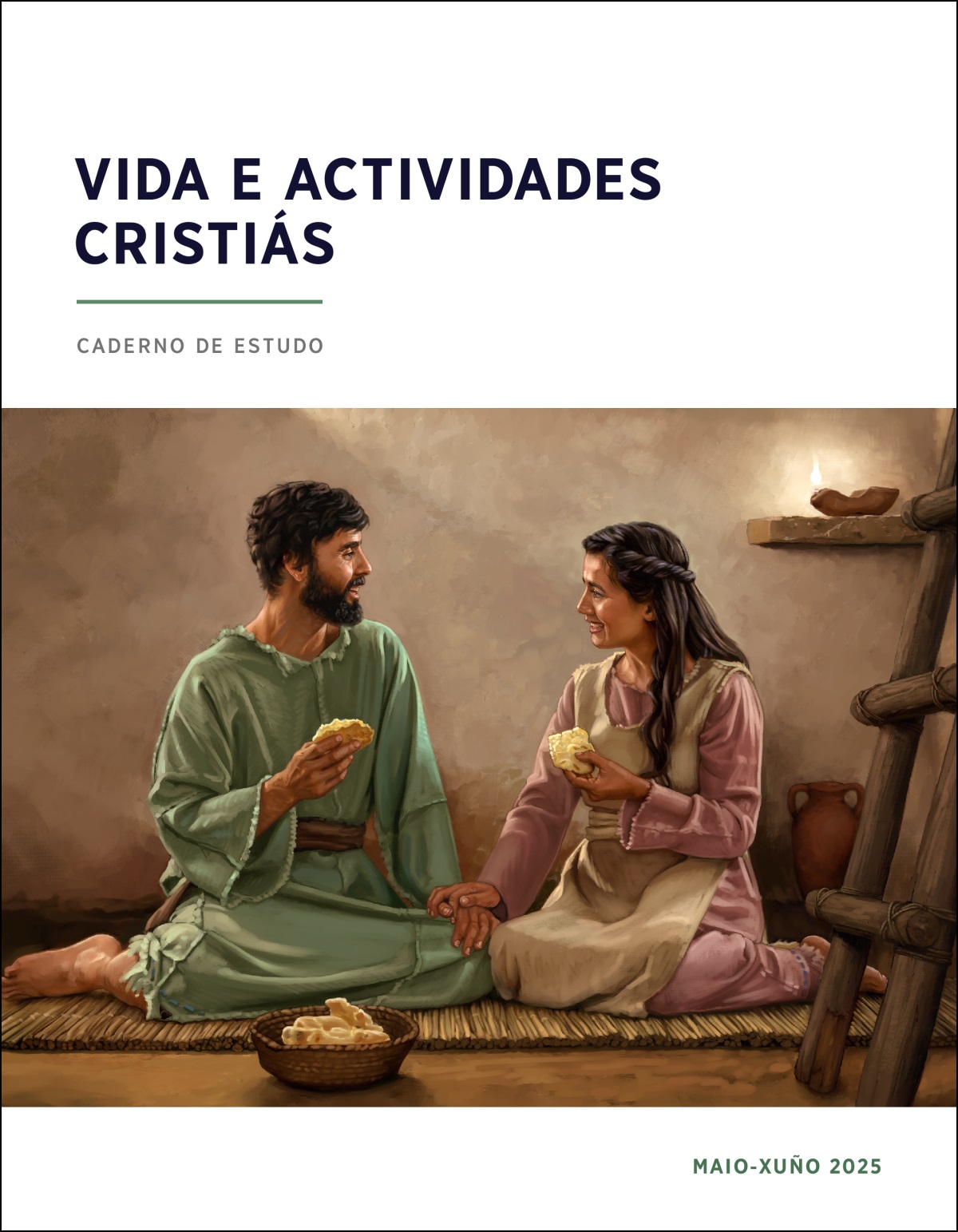 Unha parella do antigo Israel desfrutando dunha comida sinxela na súa casa modesta.