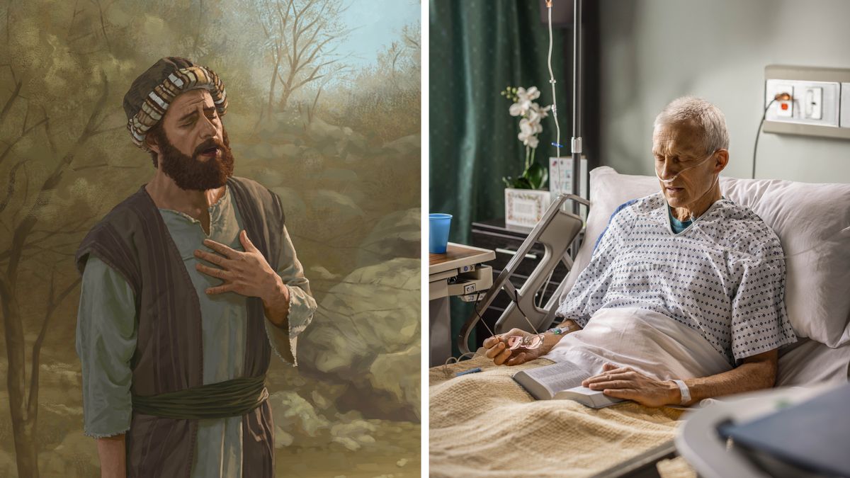 Serie de imaxes: 1. Un levita orando con intensidade no medio da natureza. 2. Un irmán nunha cama dun hospital orando coa Biblia aberta no seu colo.