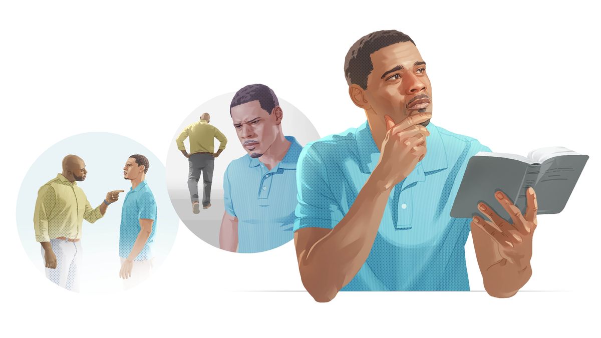 Serie de imaxes: Un irmán decidindo pasar por alto unha ofensa. 1. Outro irmán berrándolle. 2. Pensando no que lle acaba de facer o outro irmán. 3. Lendo a Biblia e meditando.