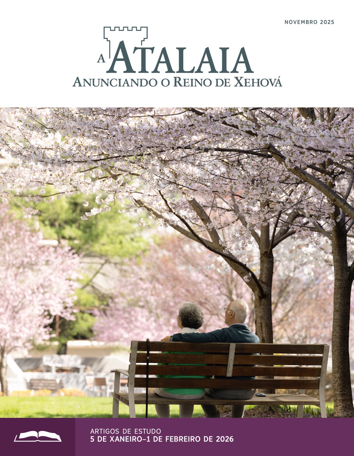 Un matrimonio maior sentado nun banco rodeado de cerdeiras en flor.