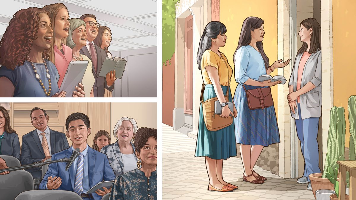 Sangata Dovorlole Fottu: Jehovachi vakhannʼnni korunk veg-veglleo vatto. 1. Bhav-bhoinnam mittingent gitam gaitat. 2. Ek bhav mittingent zobab dita. 3. Don bhoinno ghor-ghoramnim porgottnni kortat.