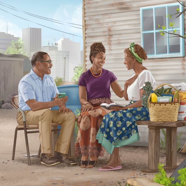 Eine Schwester, die in einem bescheidenen Zuhause in einer Großstadt lebt, freut sich über den Besuch eines Ehepaares, das ihr mit der Bibel Mut macht und ihr Lebensmittel und andere Vorräte bringt.