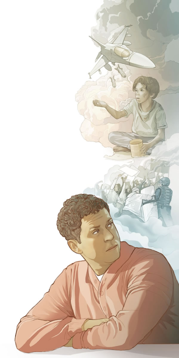 Ein Mann denkt darüber nach, wie sich biblische Prophezeiungen in der Welt von heute durch Kriege, Hunger und Gesetzlosigkeit erfüllen