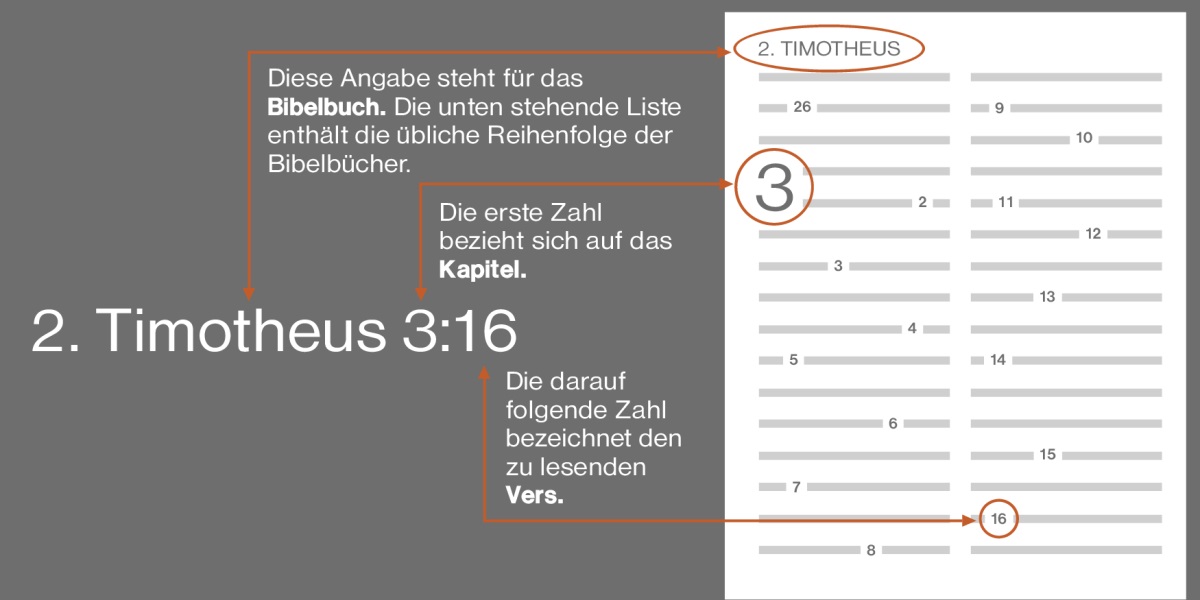 Wie man Bibelverse findet, wird am Beispiel von 2. Timotheus 3:16 gezeigt. Die Bibeltextangabe nennt das Buch, wie zum Beispiel 2. Timotheus. (Die am häufigsten verwendete Reihenfolge findet man in der „Übersicht der Bibelbücher“.) Die erste Zahl bezieht sich auf das Kapitel, hier Kapitel 3. Die nächste Zahl nennt den Vers, hier Vers 16.