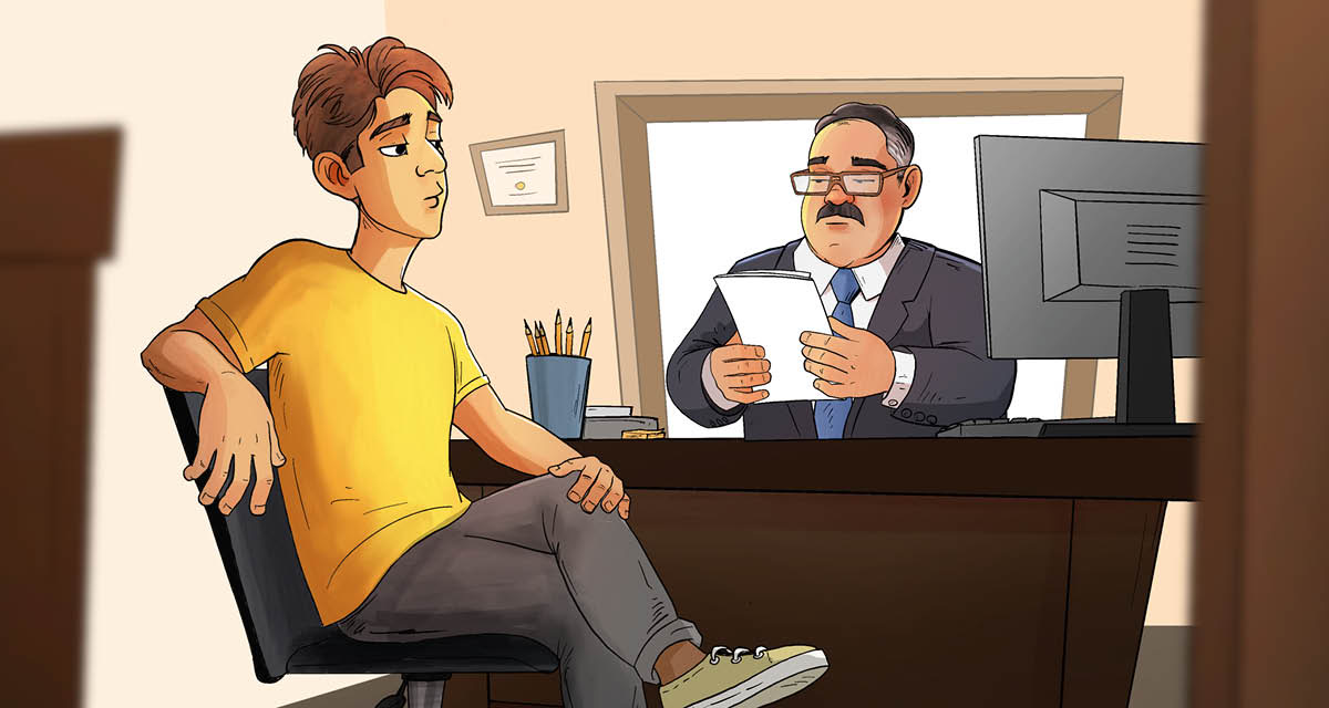 Ein junger Mann bei einem Vorstellungs­gespräch; er ist leger gekleidet und wirkt unbeteiligt.