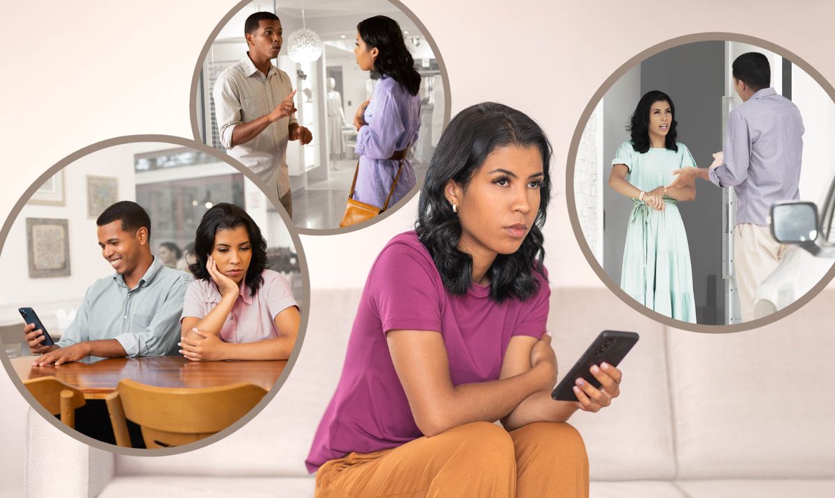 Collage: Die junge Frau vom vorherigen Bild denkt über verschiedene Konflikte mit ihrem Freund nach. 1. Ihr Freund schaut auf sein Smartphone und ignoriert sie. 2. Er diskutiert mit ihr beim Shoppen. 3. Sie zeigt auf ihre Uhr, als er verspätet eintrifft.