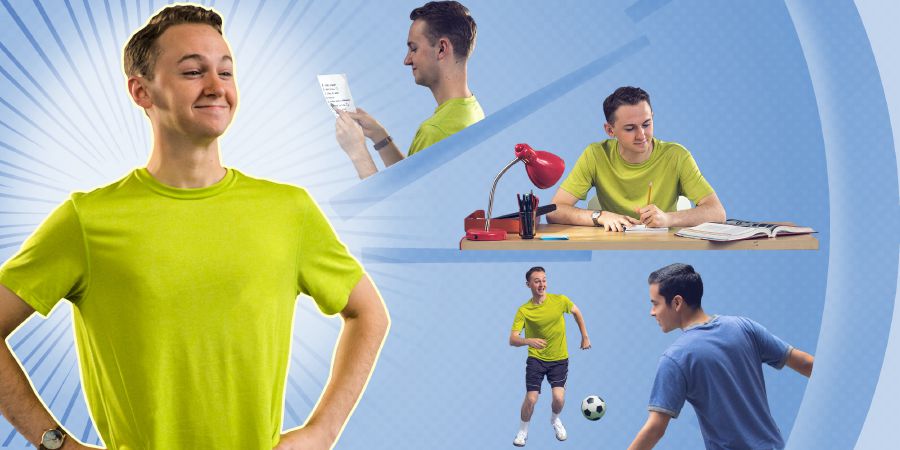 Ein Jugendlicher ist zufrieden mit seiner Zeiteinteilung – zuerst liest er, dann macht er Hausaufgaben und er hat immer noch Zeit zum Fußballspielen