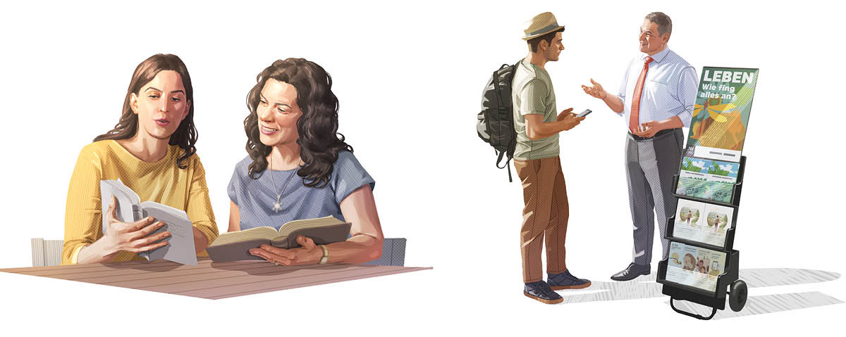 Collage: Jehovas Zeugen im Predigtdienst. 1. Eine Schwester liest und bespricht eine Bibelstelle mit einer Frau. 2. Ein Bruder steht am Trolley und unterhält sich mit einem Mann über die Bibel.