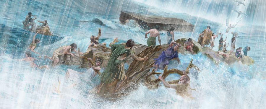 Die Arche schwimmt auf dem Wasser, die bösen Menschen ertrinken und die bösen Engel verlassen die Erde