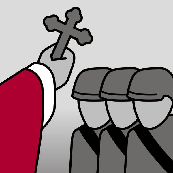Piktogramm: ein Geistlicher mit einem Kreuz in der Hand segnet Soldaten.