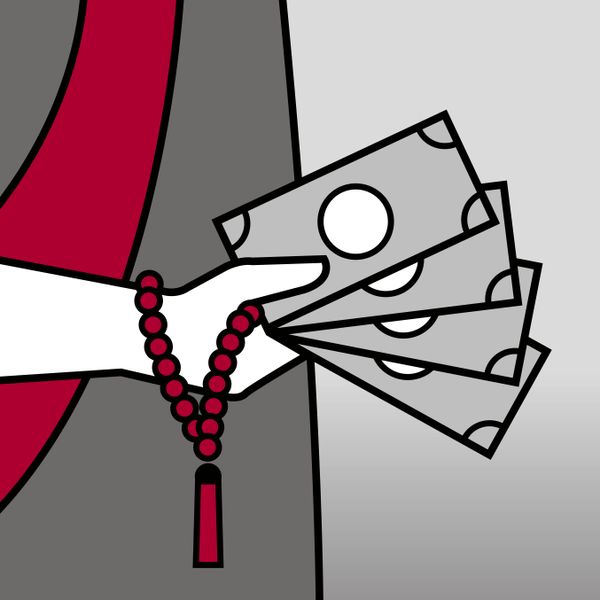 Piktogramm: ein Geistlicher mit Geld in der Hand.