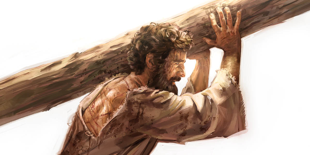 Jesus trägt den Stamm, an dem er sterben wird.