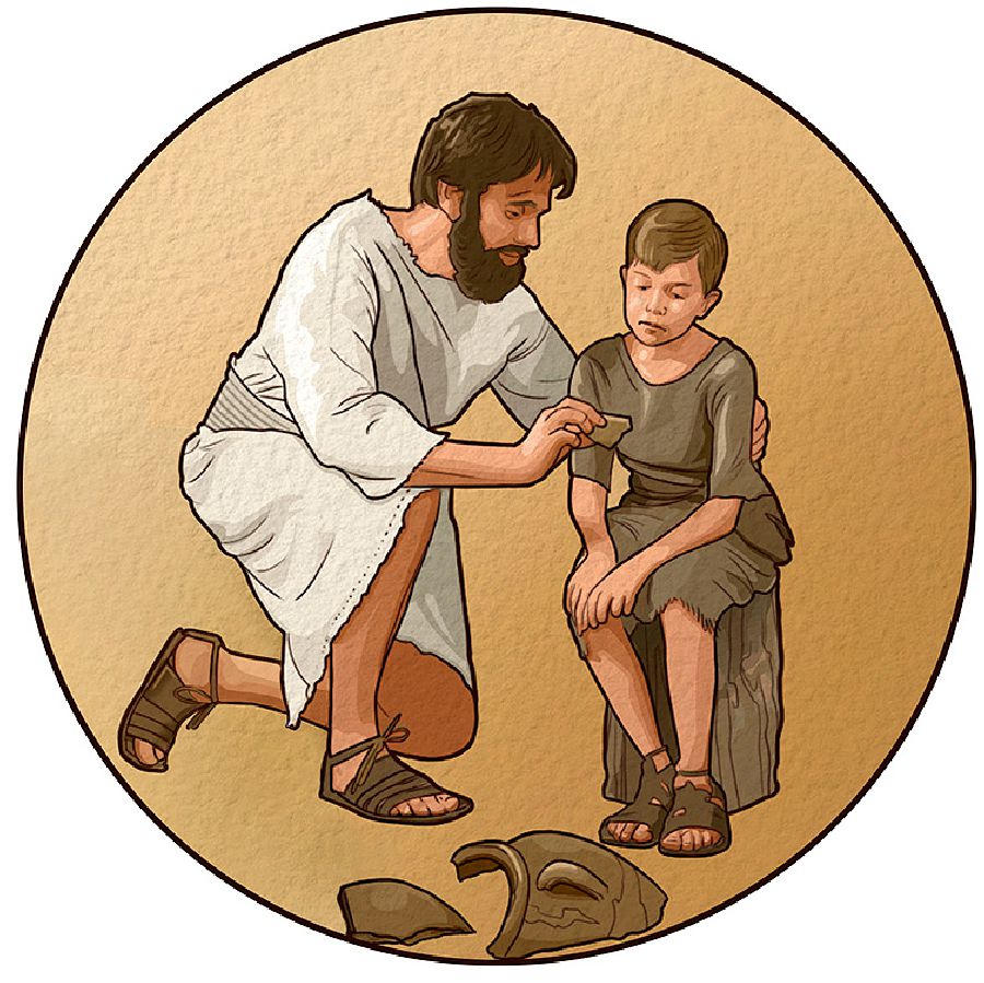 Ein Vater kümmert sich um seinen Sohn, der Schmerzen hat