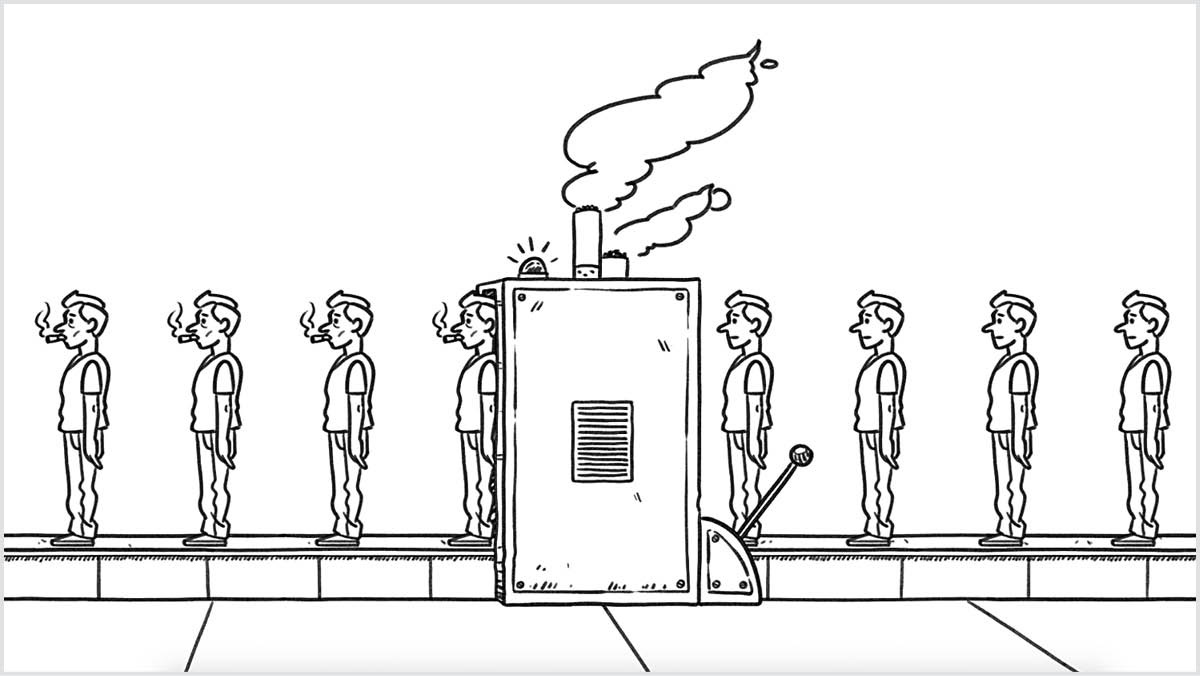 Eine Szene aus dem Video „Lass dein Leben nicht in Rauch aufgehen“. In einer Fabrik werden am Fließband Puppen produziert, die Zigaretten rauchen.