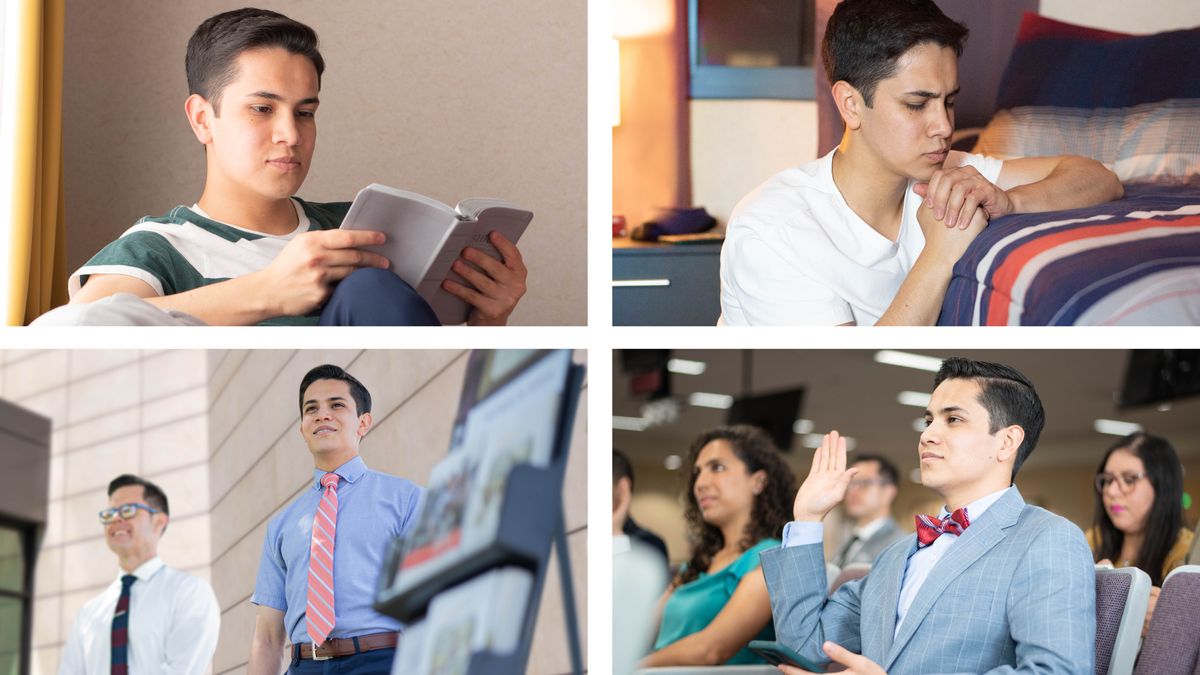 Collage: Ein junger Bruder mit einer guten Glaubensroutine: 1. Er liest in der Bibel. 2. Er betet intensiv. 3. Er gibt einen Kommentar. 4. Er beteiligt sich am Trolley-Dienst.