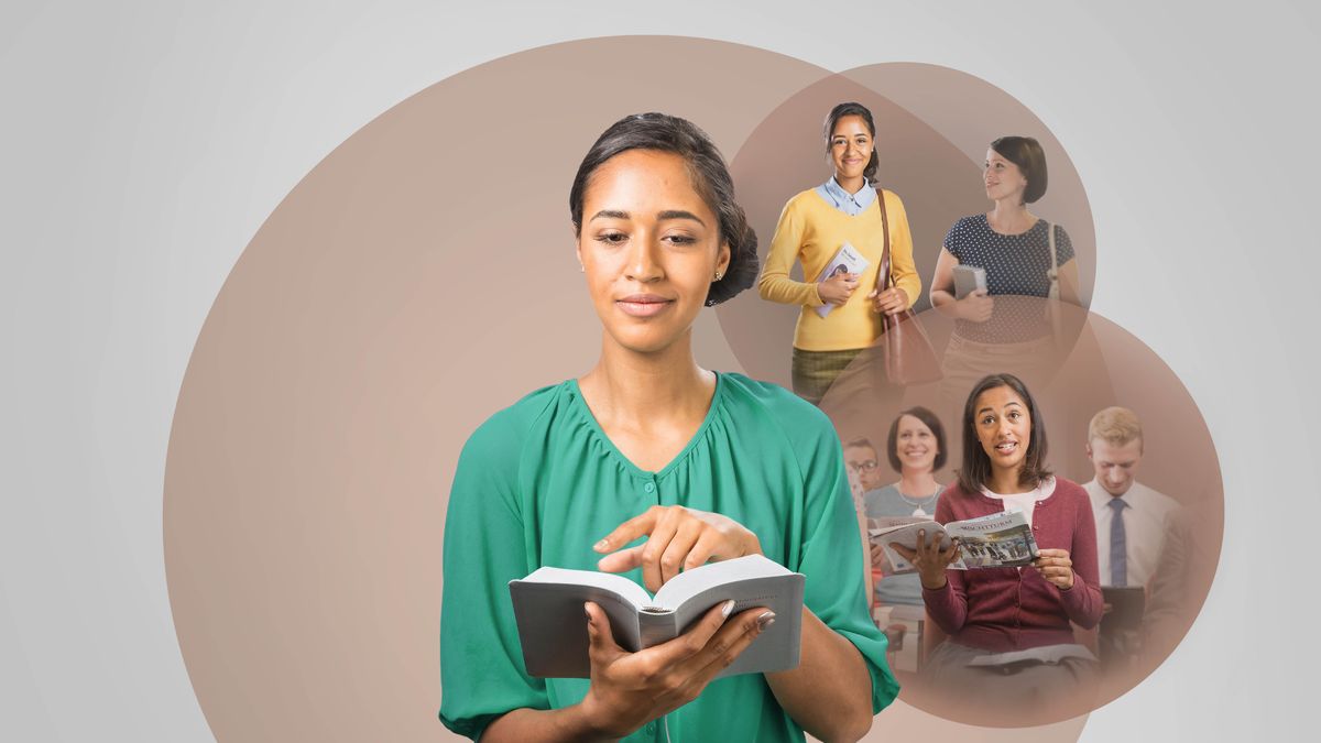 Collage: Eine Schwester liest in der Bibel. 1. Es macht ihr Freude, mit einer anderen Schwester im Dienst zusammen­zu­arbeiten. 2. In der Zusammenkunft gibt sie einen Kommentar.