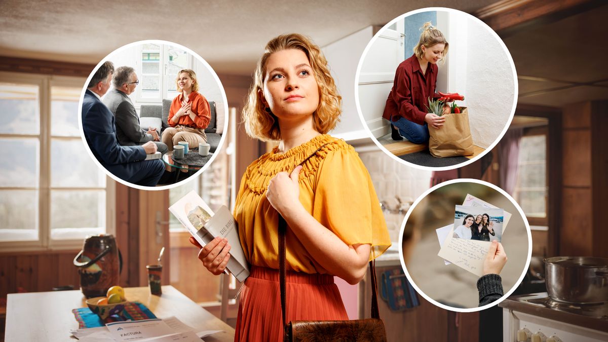 Eine Schwester überlegt kurz vor dem Predigtdienst, wie Jehova ihr in der Vergangenheit beigestanden hat. Collage: 1. Sie bekommt einen Hirtenbesuch. 2. Vor ihrer Tür findet sie eine Tüte mit Lebensmitteln. 3. Sie erhält von einer Freundin einen Brief mit einem Foto.