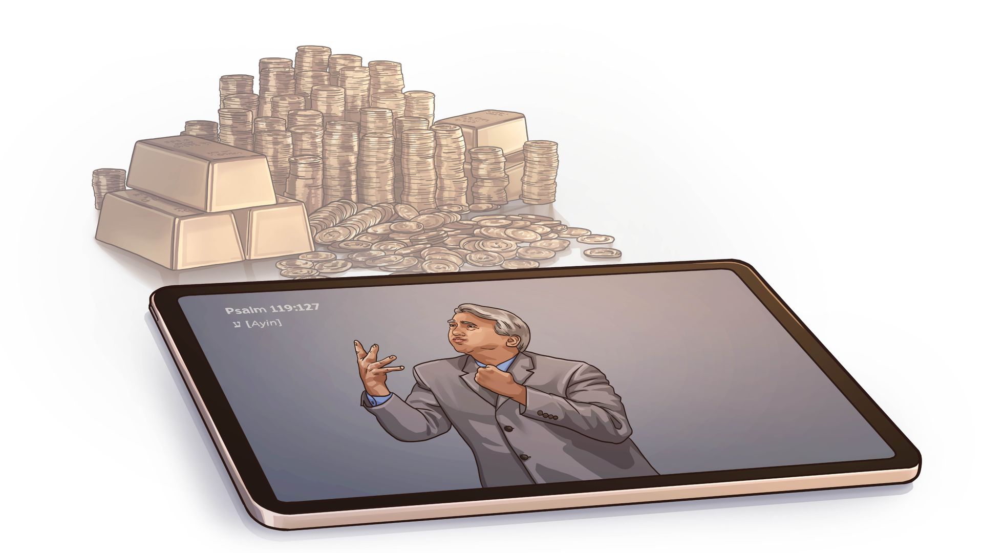 Eine aufgeschlagene Bibel vor einem Haufen Goldmünzen und Goldbarren.